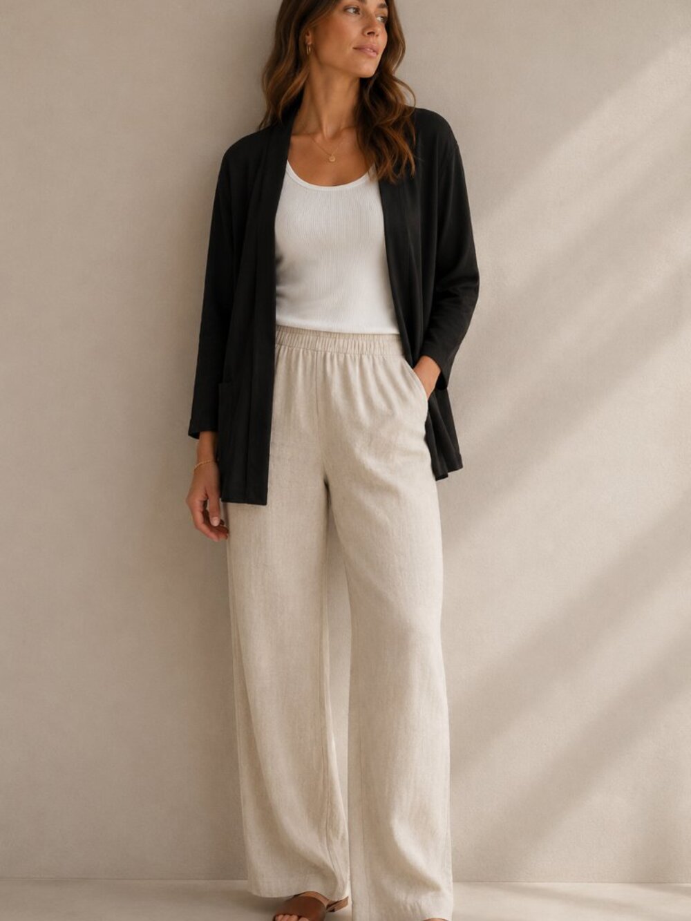 Eileen Fisher Black Open Front Cardigan Sweater Jacket L Minimalist
